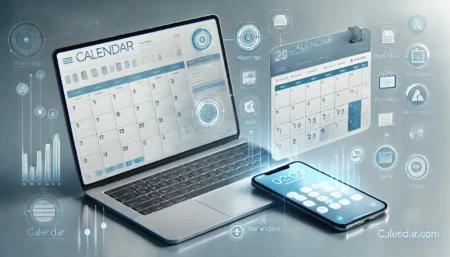 DALL·E 2024 10 15 19.43.10 A clean and modern image featuring a digital calendar interface on a laptop and smartphone with various scheduling elements like meetings reminders