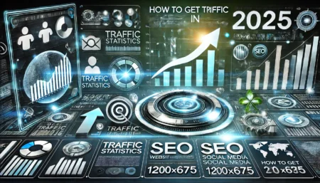 DALL·E 2024 10 16 10.03.24 A professional eye catching featured image for a blog post titled How to Get Traffic in 2025. The image features a modern futuristic website dashb